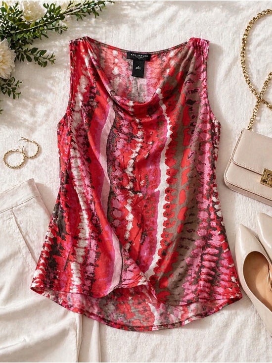 Ann Taylor Tops - Ann Taylor Red Pink Abstract Print Sleeveless Blouse Drape Neck Top Small